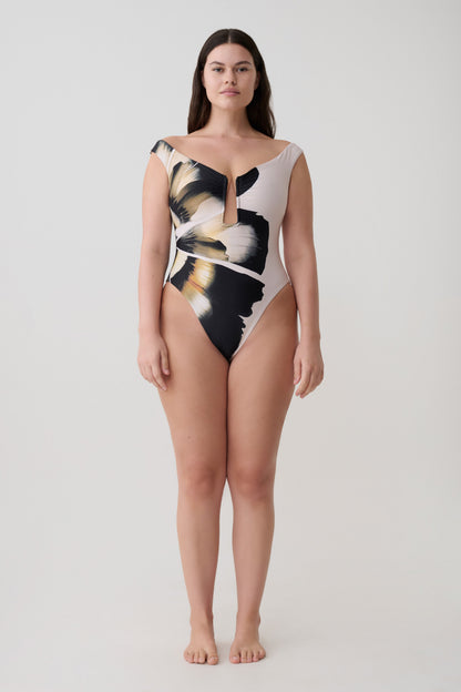 Yumi U-Wire Plunge One Piece Swimsuit - Ivory Base Floral Print vista 9