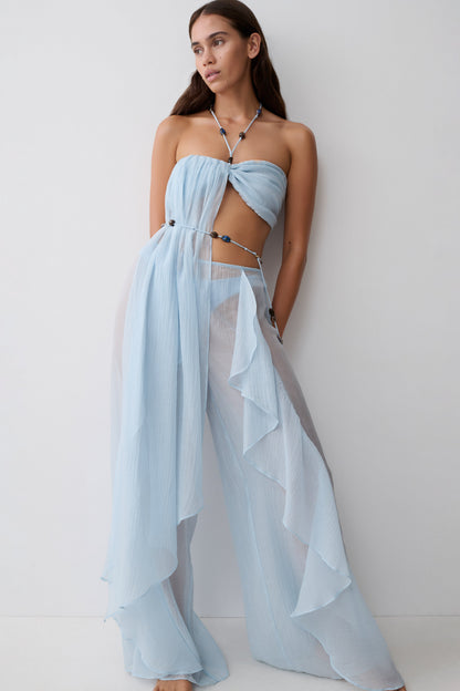 Kai Sheer Draped Ruffle Pant - Pale Blue vista 4