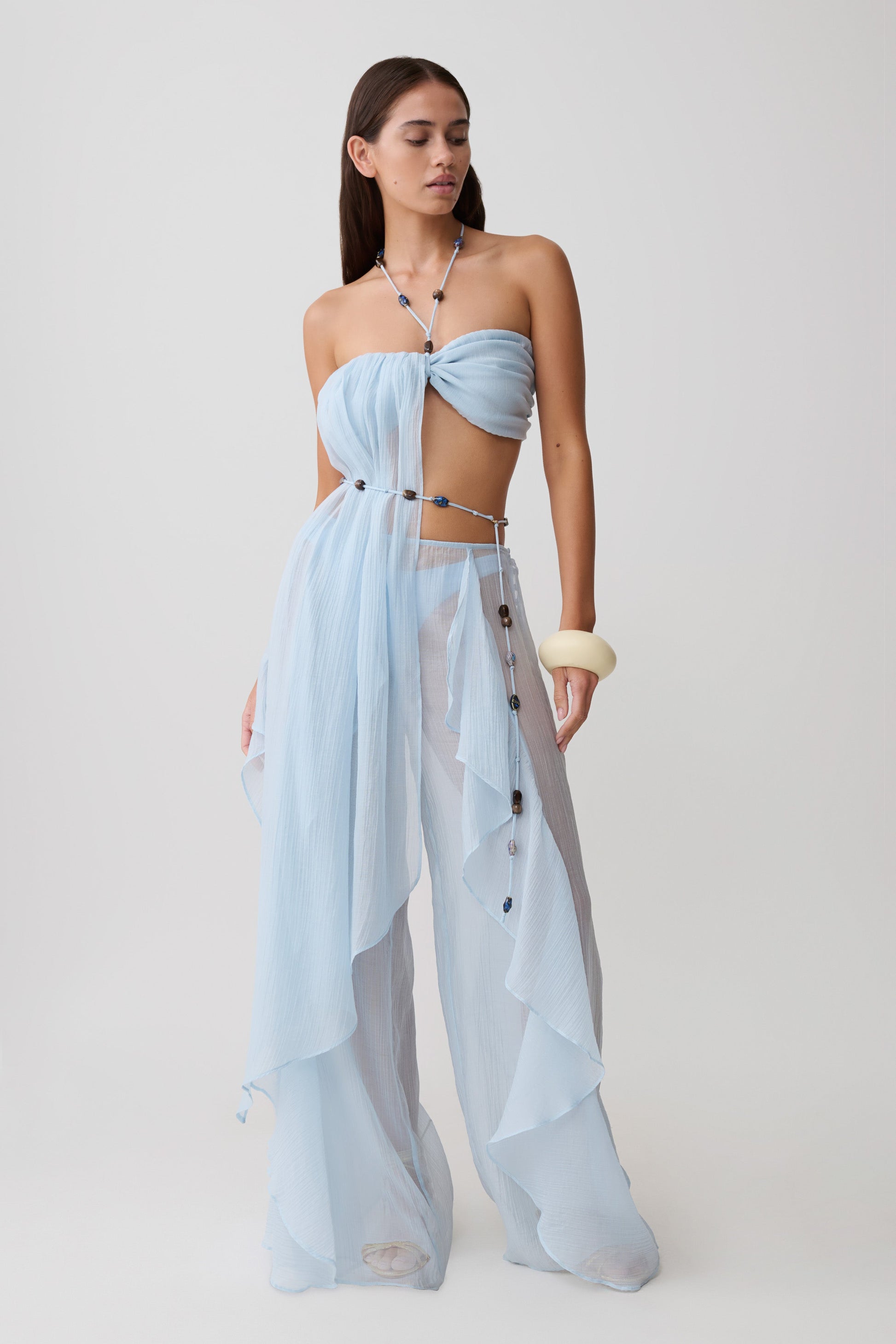 Kai Sheer Draped Ruffle Pant - Pale Blue vista 5