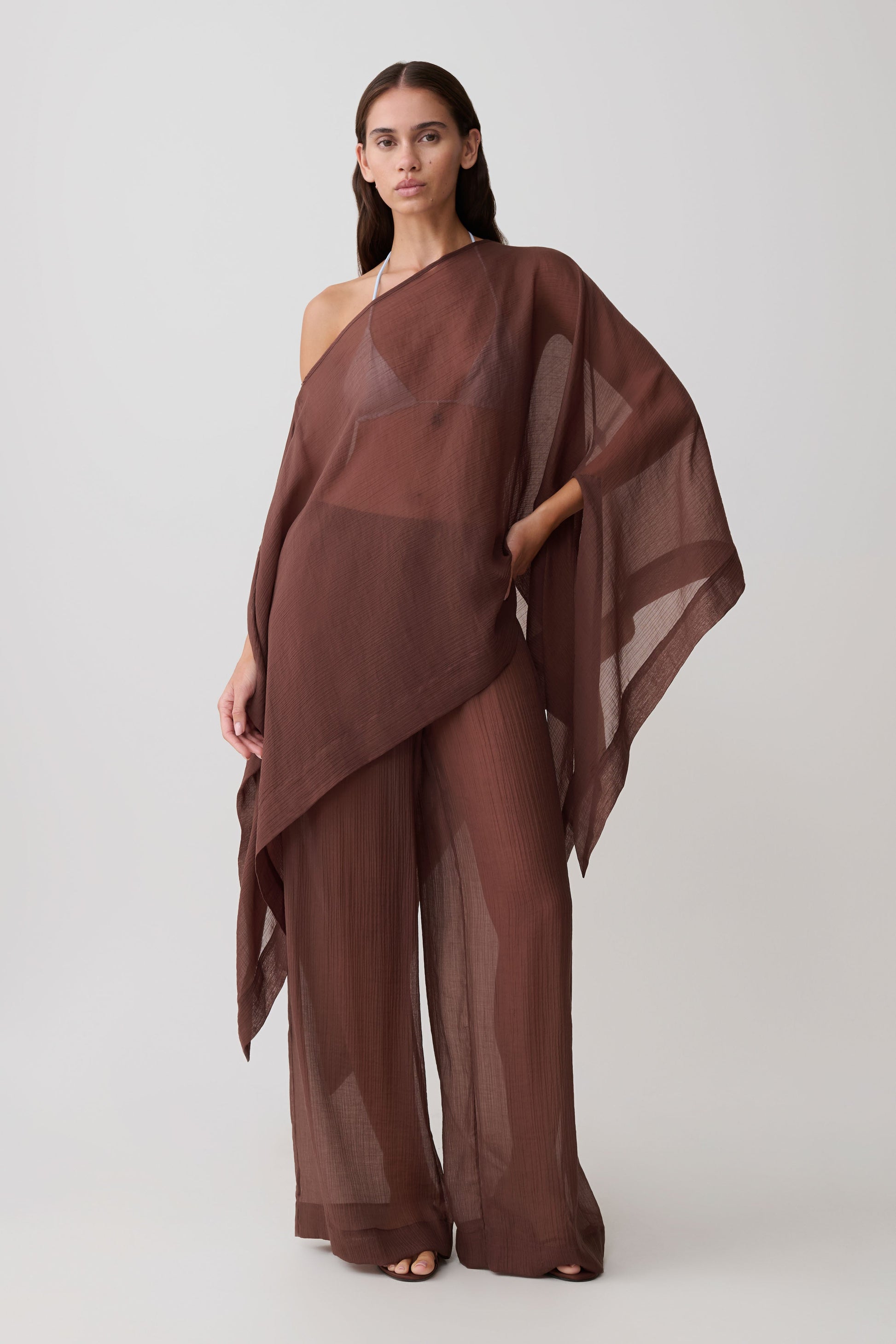 Leilani Sheer Drawstring Wide Leg Pants - Chocolate vista 5