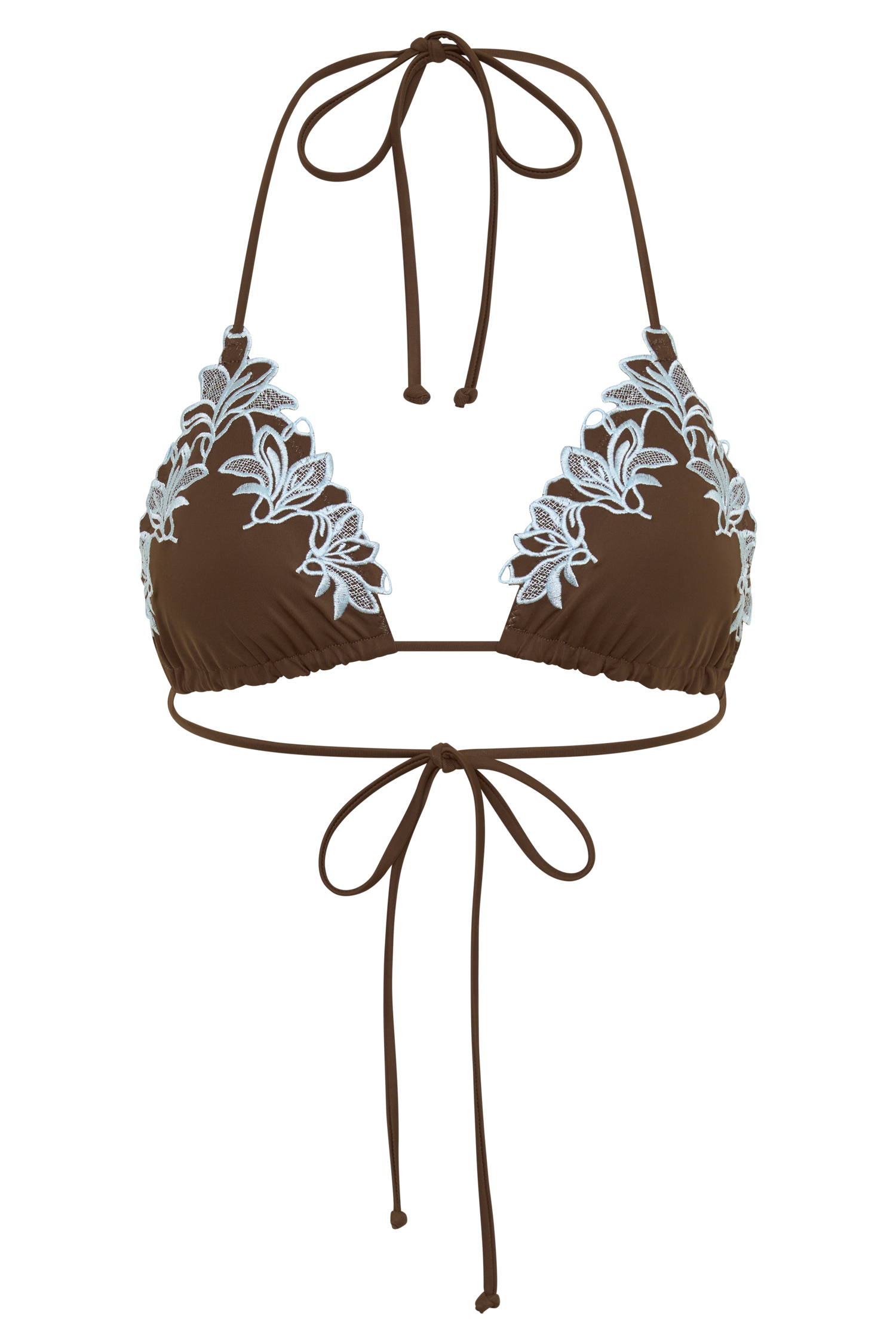 Bloom Embroidered Triangle Bikini Top - Chocolate With Pale Blue Embroidery vista 13