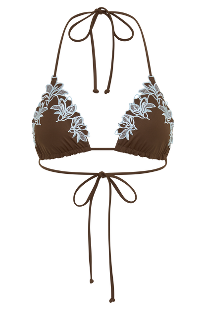 Bloom Embroidered Triangle Bikini Top - Chocolate With Pale Blue Embroidery vista 13